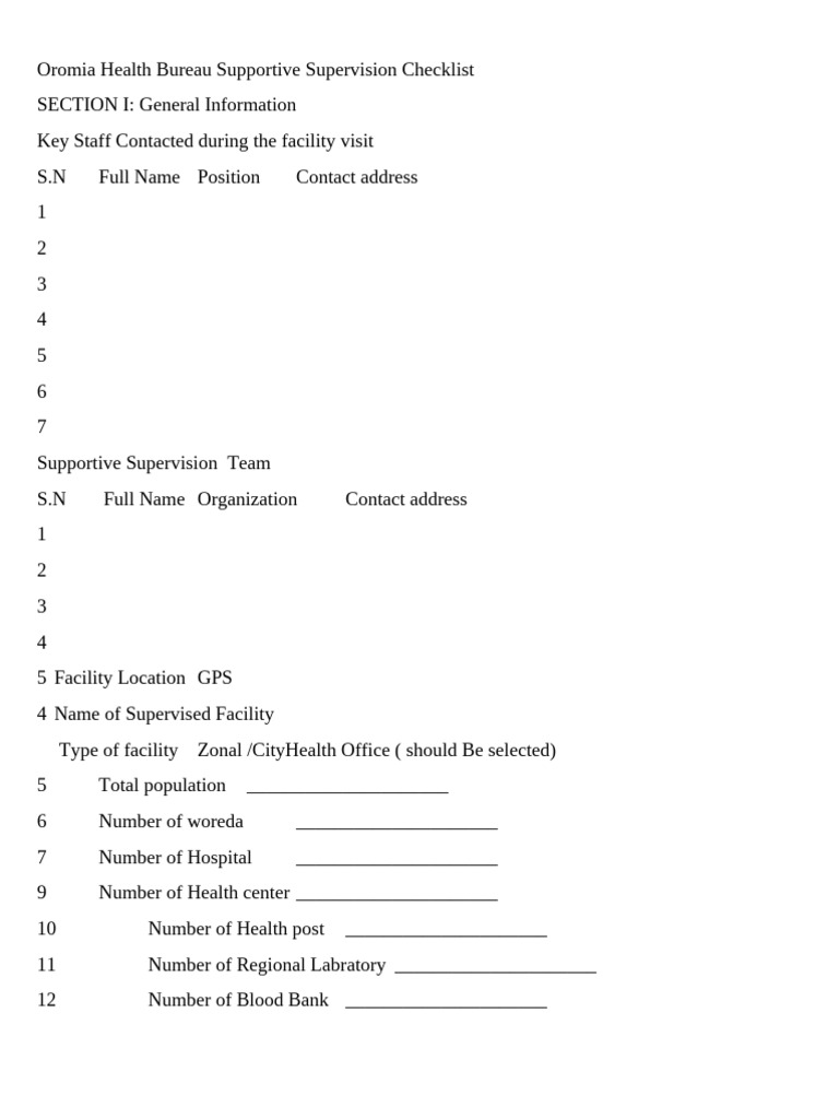 Oromia Health Bureau Supportive Supervision Checklist | PDF | Medical ...