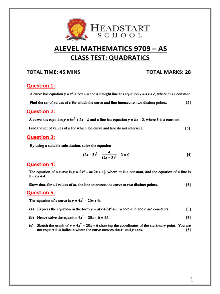 Class Test 1 - Quadratics (1) | PDF