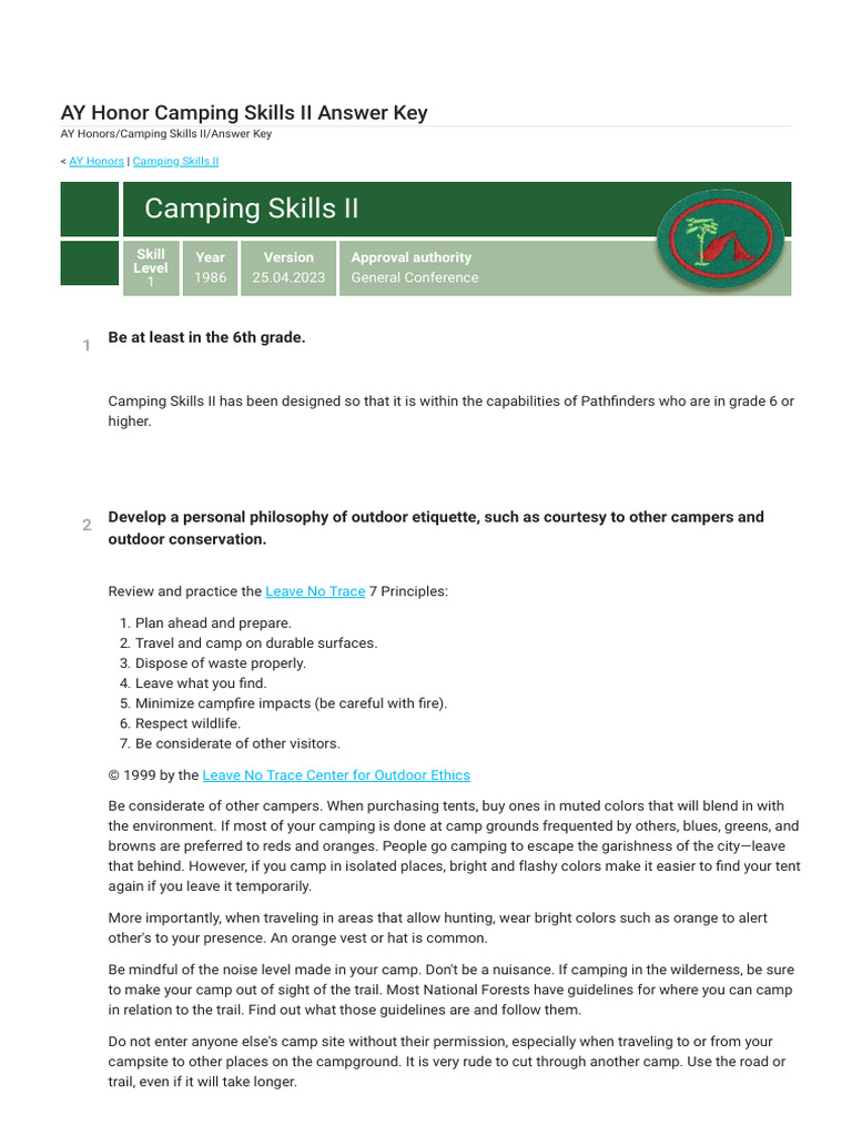 AY Honor Camping Skills II Answer Key - Pathfinder Wiki | PDF