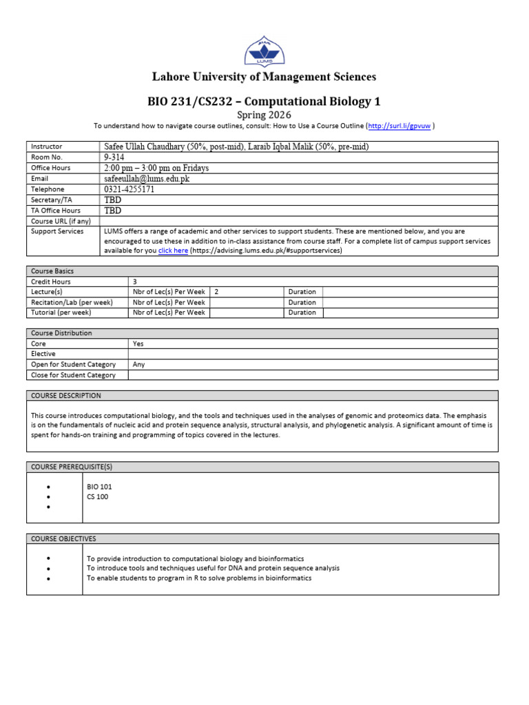 BIO 231 - CS 232 – Computational Biology I - Dr Safee and Dr Laraib ...
