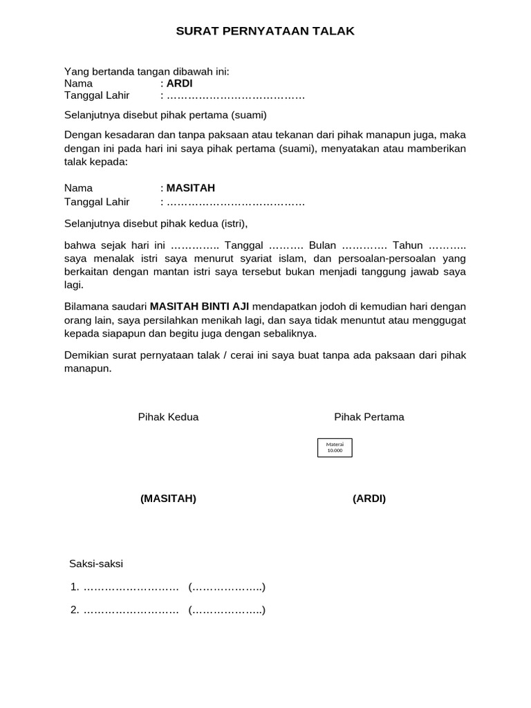 Surat Pernyataan Talak | PDF