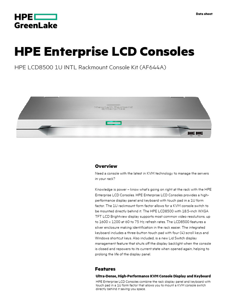 HPE LCD8500 1U INTL Rackmount Console Kit Data Sheet-PSN6360233WWEN ...
