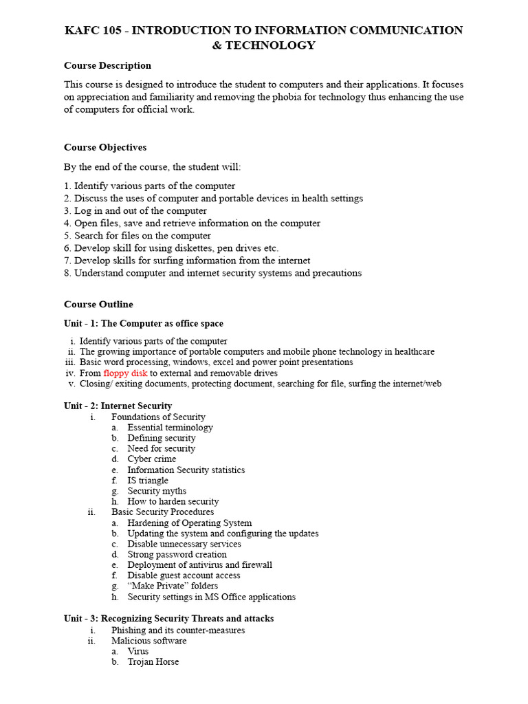 KAFC105 ICT Course Outline 26.01.2026 | PDF | Security | Computer Security