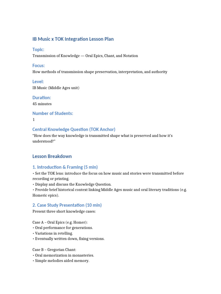 IB_Music_TOK_LessonPlan_MiniCaseStudy | PDF | Oral Tradition ...