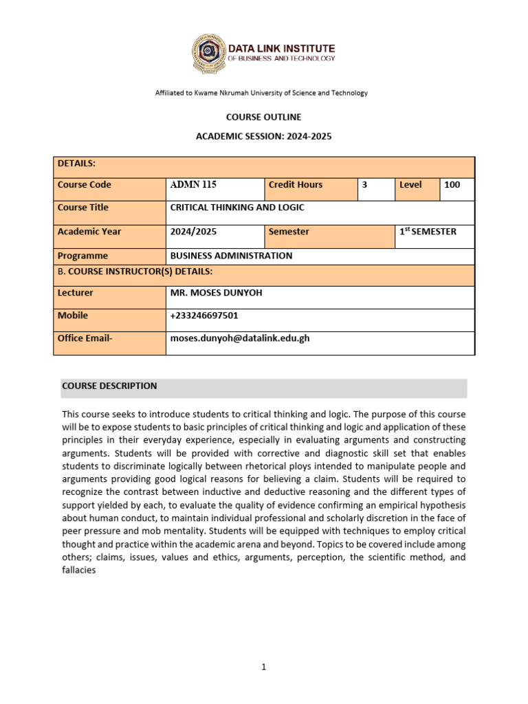 Critical Thinking - Course Outline Template - Bus - It | PDF | Argument ...