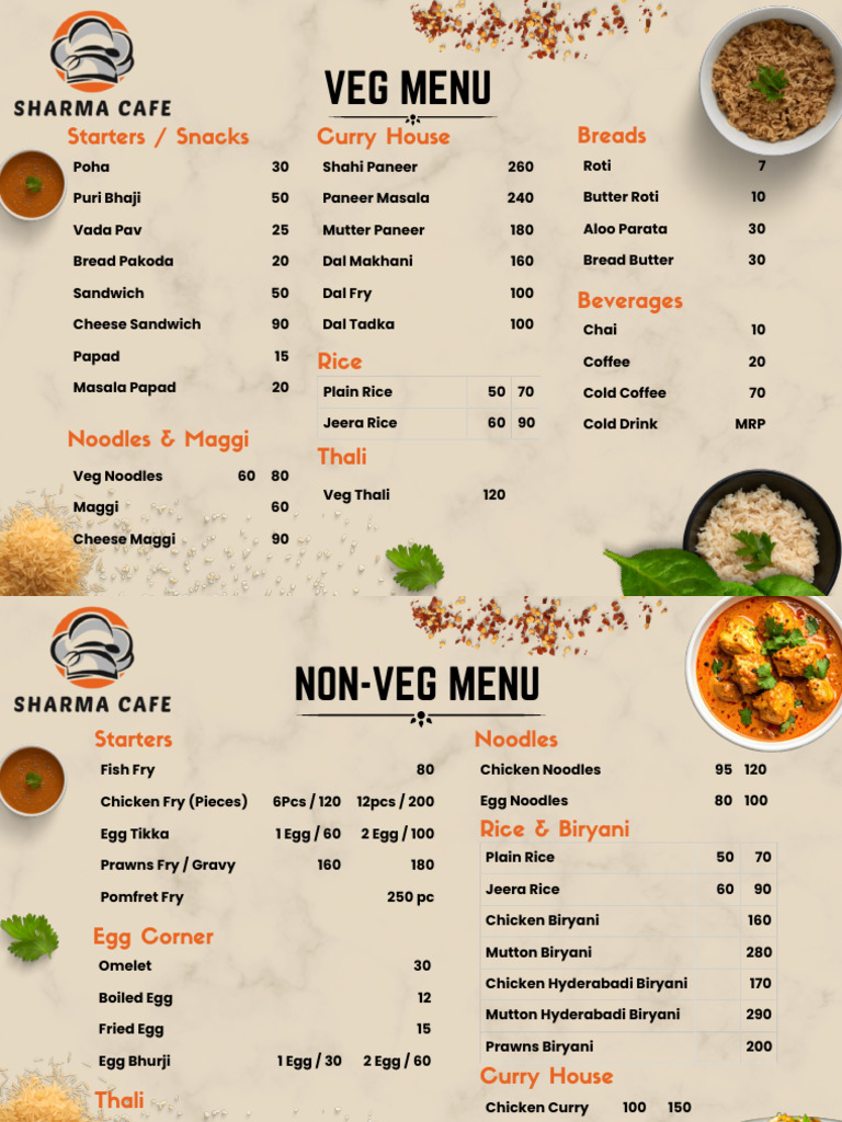 Sharma Cafe Menu Final | PDF | Indian Cuisine | Food And Drink Preparation