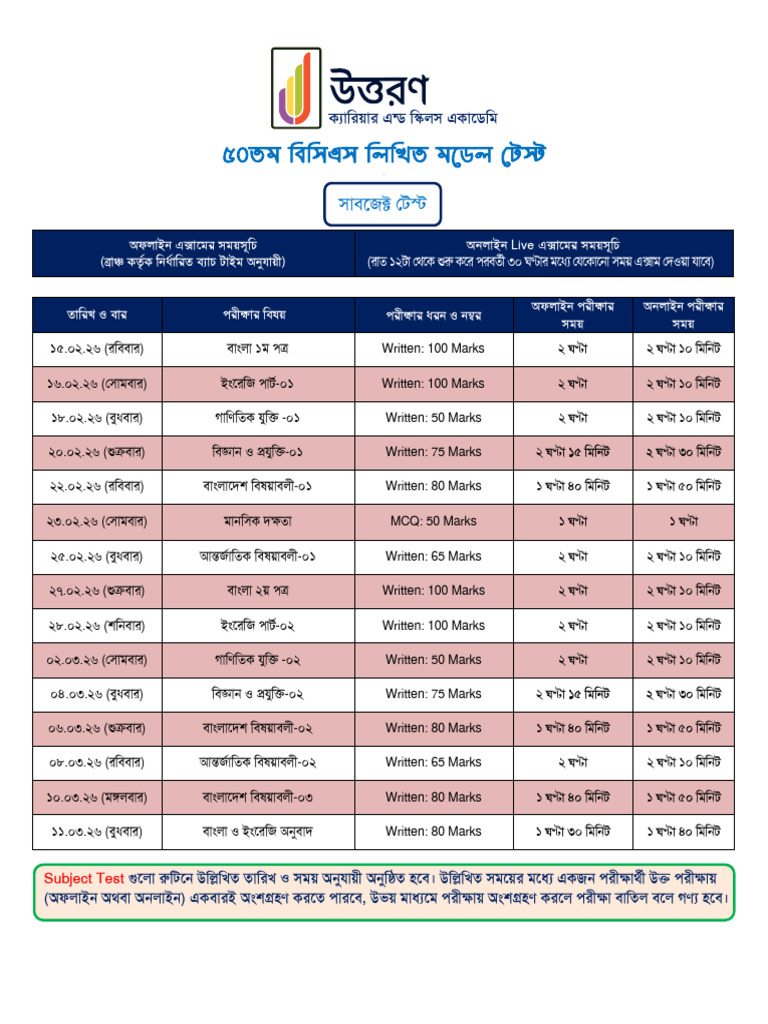 50 TH BCSWritten Subject Test Routine | PDF