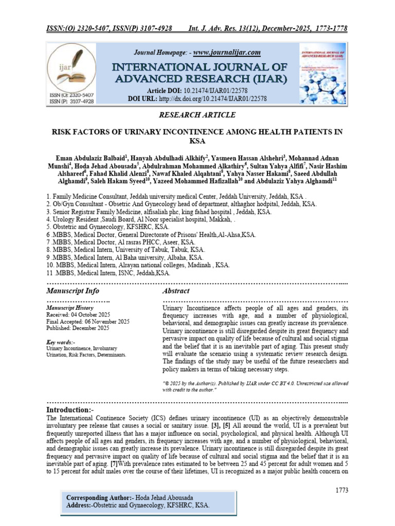 Risk Factors of Urinary Incontinence Among Health Patients in Ksa | PDF ...