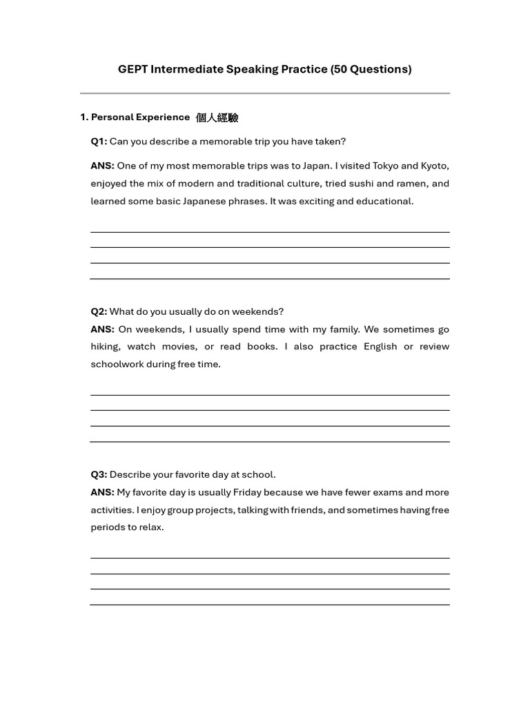 GEPT Intermediate Speaking Practice (50 Questions) | PDF