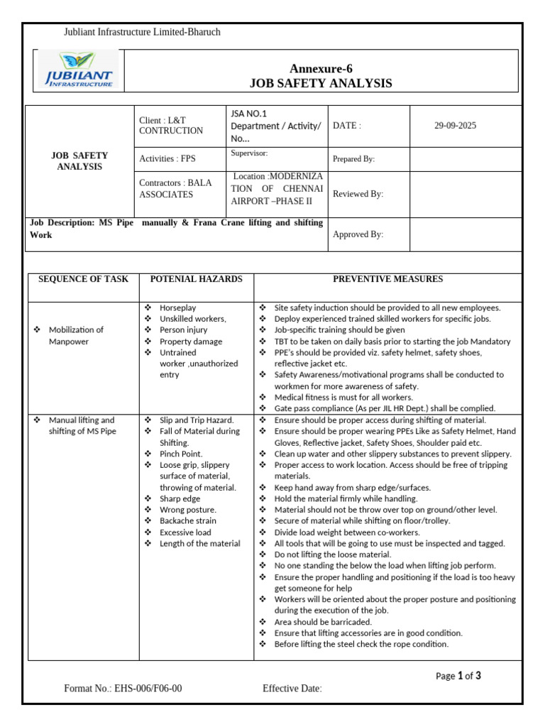 (Baecpl) Jsa Lifting & Shifting Work | PDF | Personal Protective ...