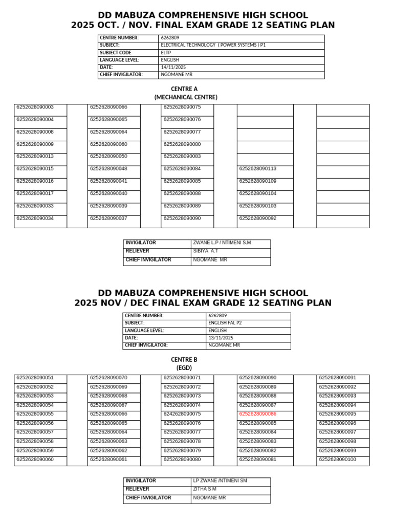 Nov Languages Seating Plan 2025 | PDF