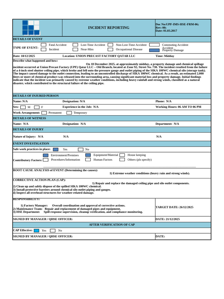 Chemical Spillage Incident Report - HSE Documentation | PDF | Hazards ...
