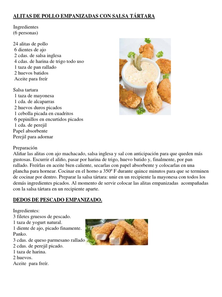 Alitas de Pollo Empanizadas Con Salsa Tártara | PDF | Salsa | Fritura