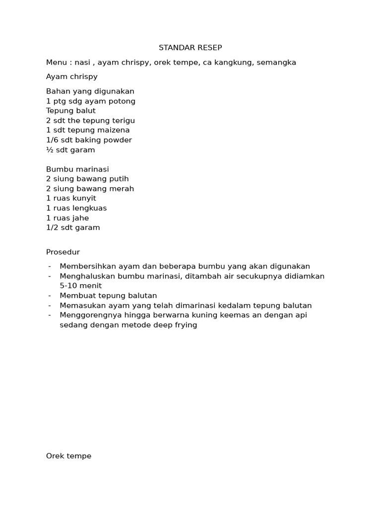 STANDAR RESEP Pelatihan Chef | PDF