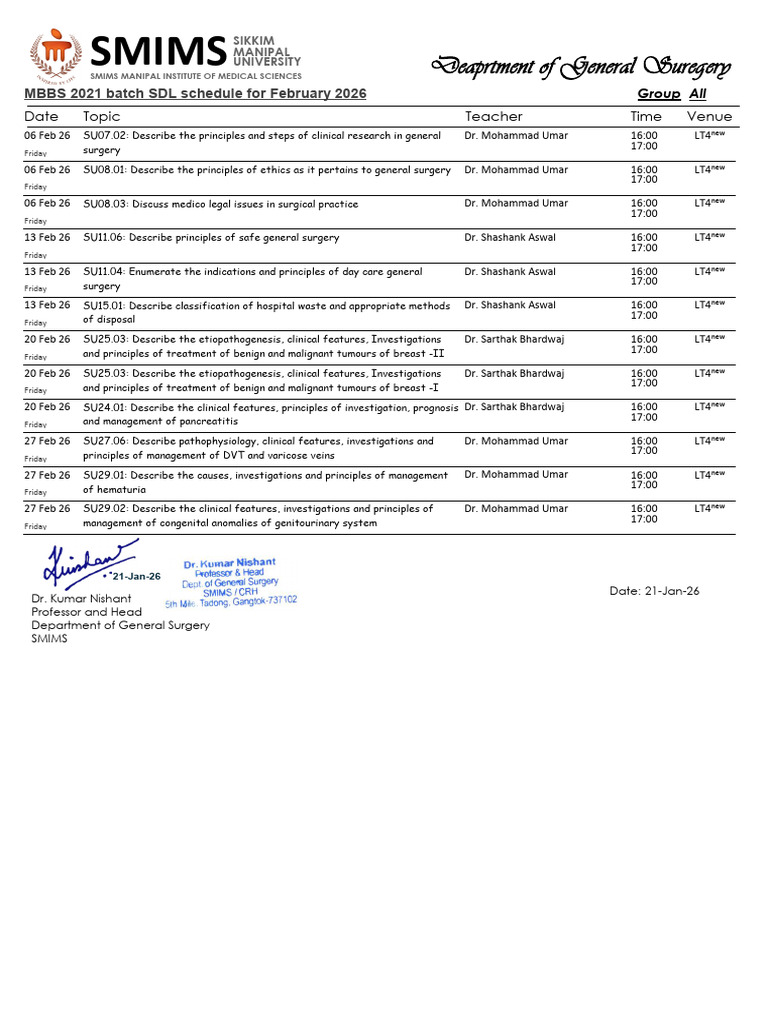 Teaching Schedule Feb 2026 | PDF | Surgery | Medicine