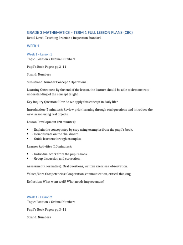 Grade 3 Mathematics Term 1 Full Lesson Plans TP Standard | PDF ...