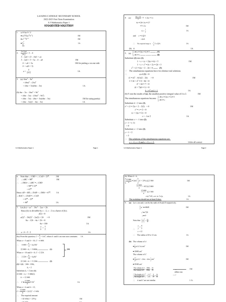 Math S5 22-23 1st Exam P1 With Ans - ENG ANS 2 Page) | PDF ...