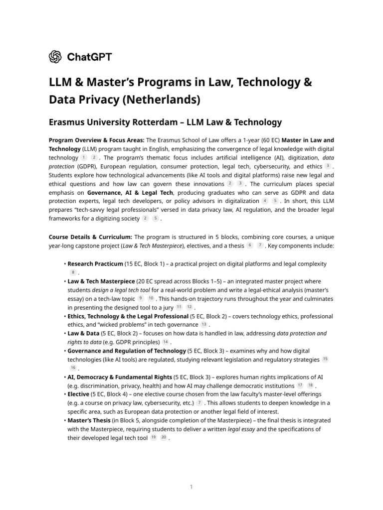 LLM Masters Programs Law Technology Data Privacy Netherlands | PDF ...
