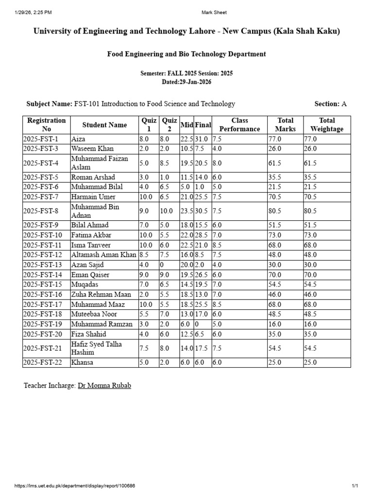 Mark Sheet FST Fall 2025 | PDF