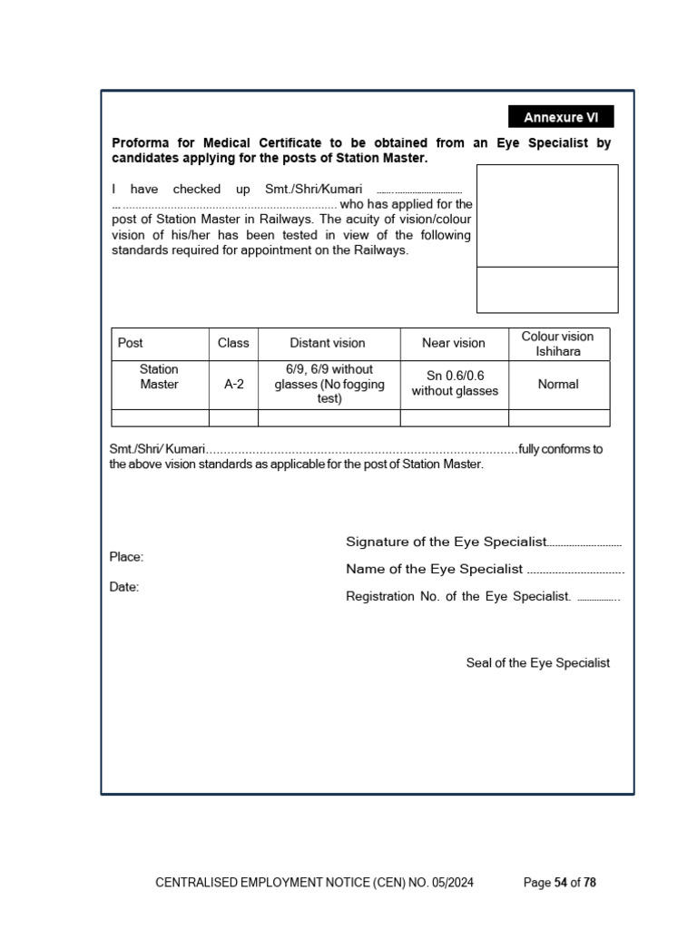 RRB NTPC SM Vision Test Format | PDF | Human Eye | Visual System