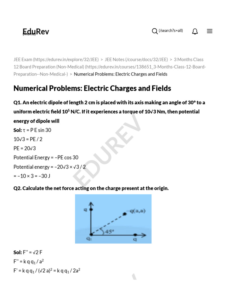Numerical Problems - Electric Charges and Fields - 3 Months Class 12 ...