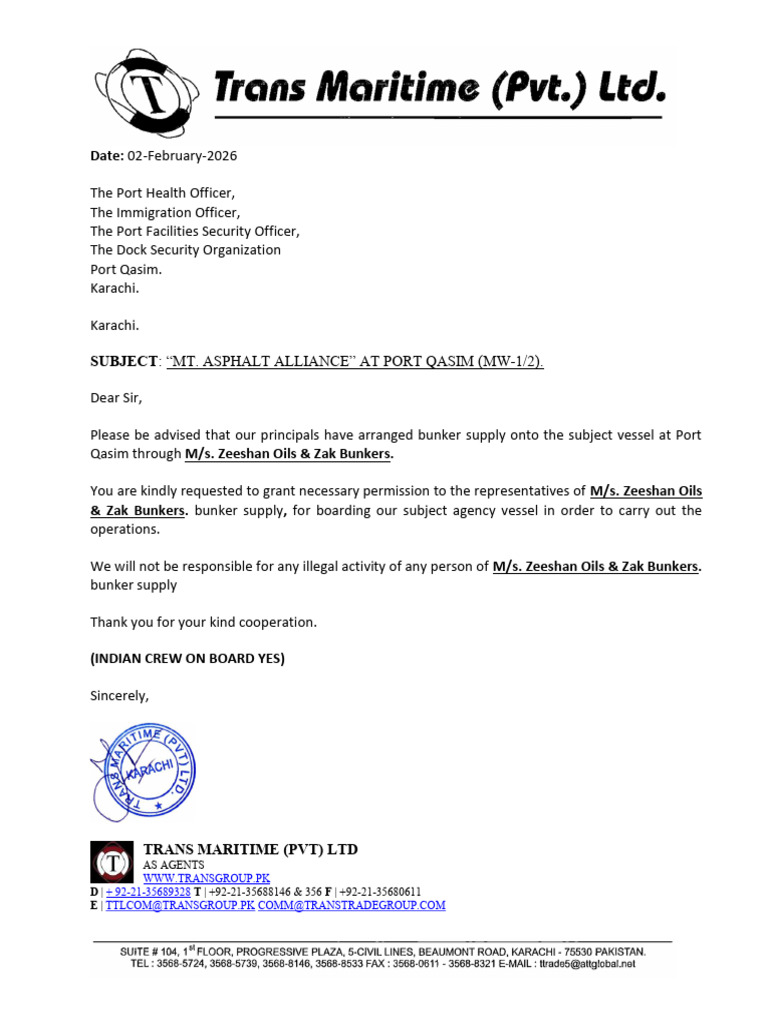 MT Asphalt Alliance - Zeeshan Oil - Bunker - Letter | PDF