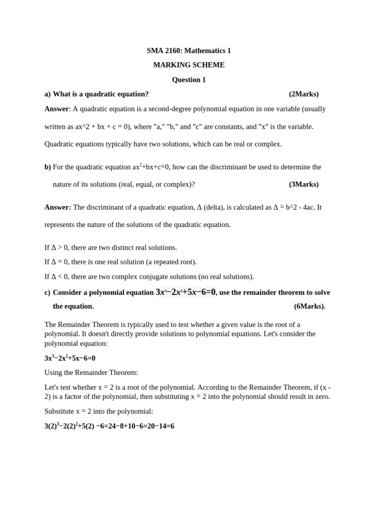Mathematics 1 Marking Scheme | PDF | Equations | Quadratic Equation