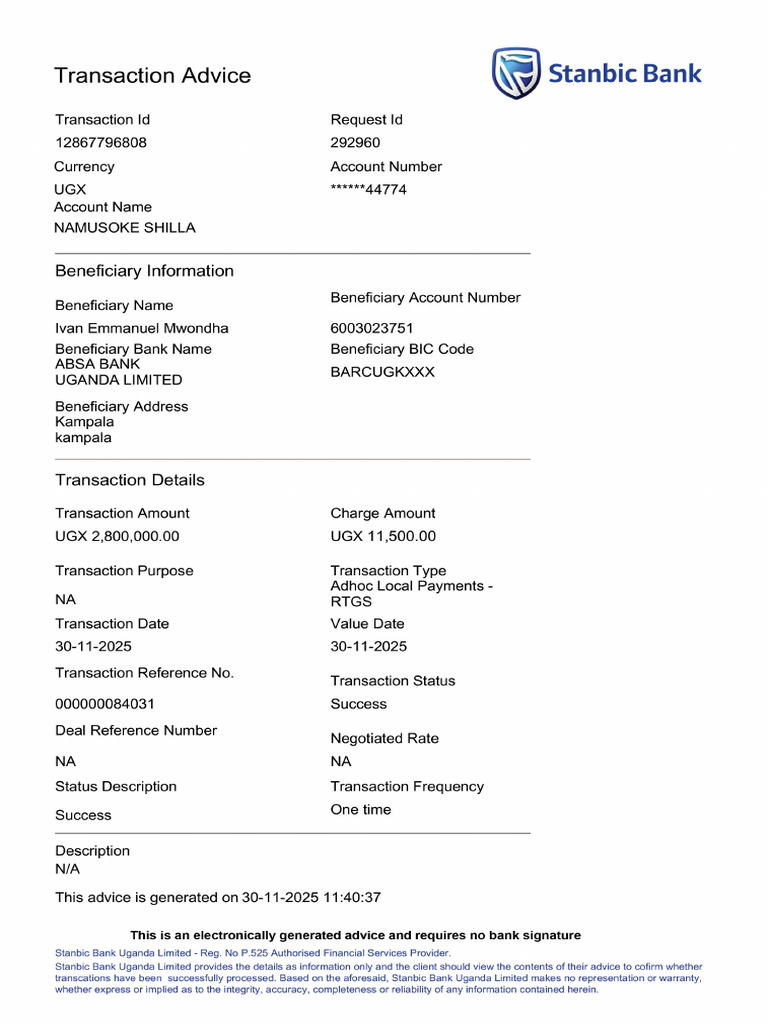 Transaction Advice Stanbic | PDF