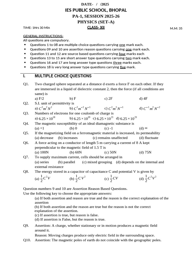 Physics Xii (25-26) Pa-I (Set-A) | PDF | Capacitor | Capacitance