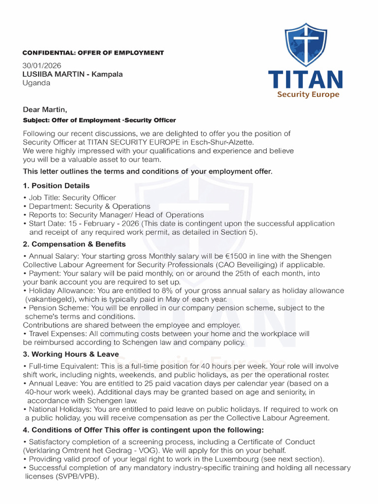 Offer of Employment - TITAN SECURITY | PDF