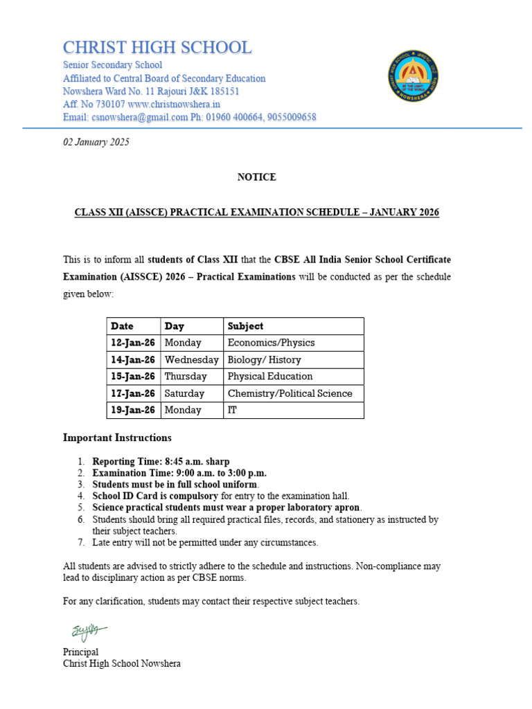 Class 12 Board Practical Examination Schedule | PDF
