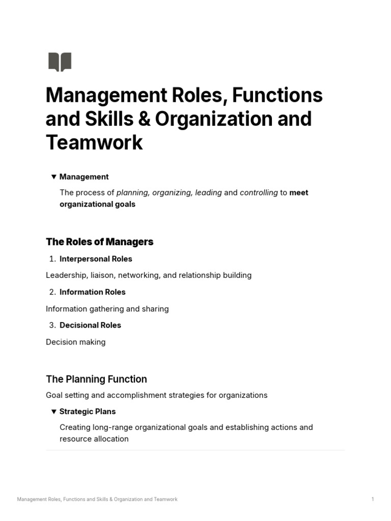 Management Roles, Functions and Skills & Organization and Teamwork ...