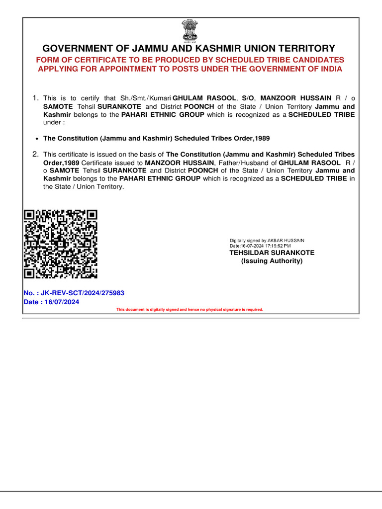 SC - ST Caste Certificate | PDF