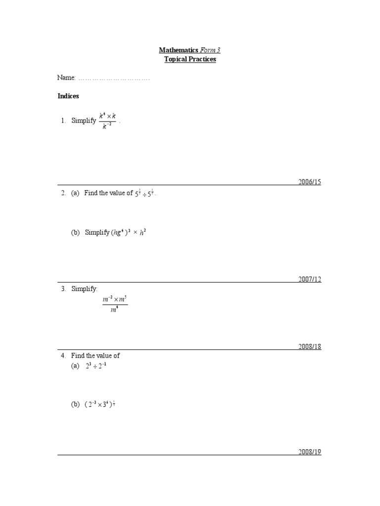 Form 3 Mathematics Indices Practice | PDF