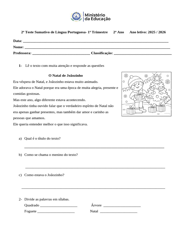 2º Teste de Lingua Portuguesa 2º Ano Grelha e Objetivos | PDF | Natal ...