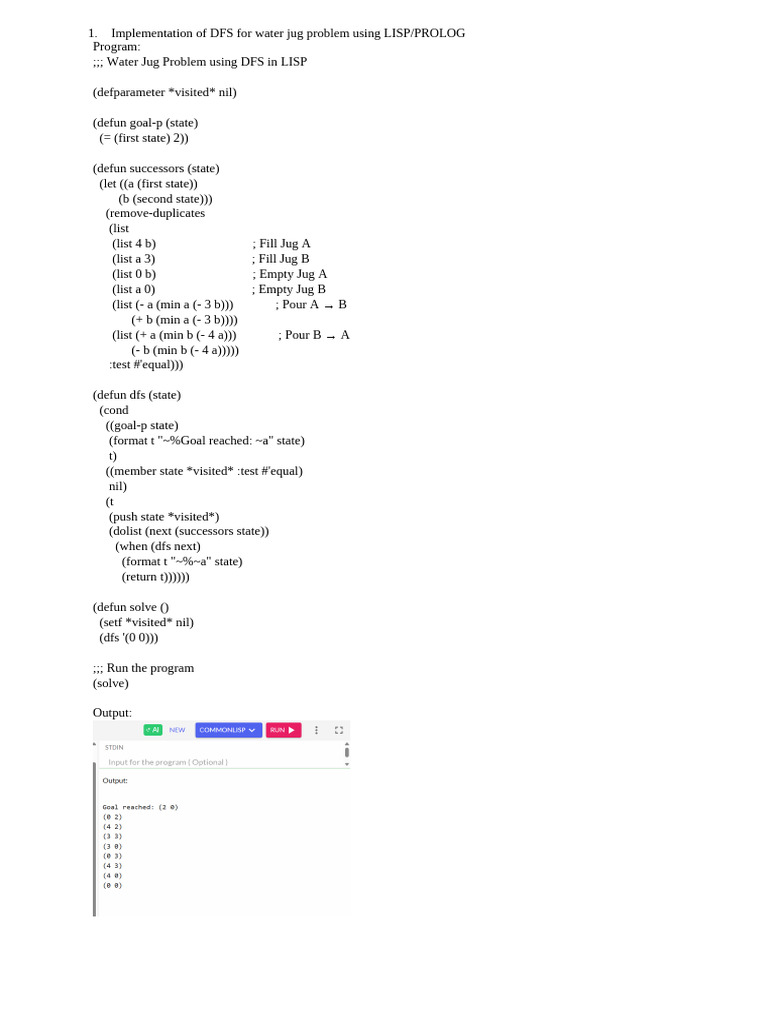 Exp3.Water Jug Problem Using DFS in LISP | PDF