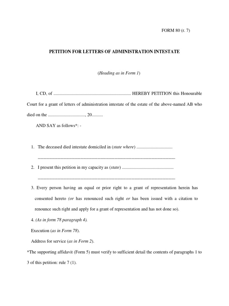 Form 80-Petition For Letters of Administration Intestate | PDF