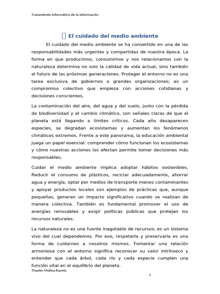 ? El Cuidado Del Medio Ambiente | PDF