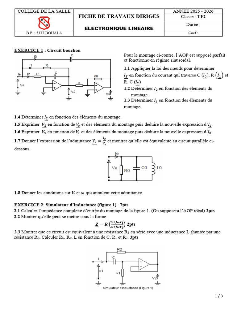 TD Electro Lin TF2 Congés de Noel 2025 - 2026 | PDF | Impédance ...