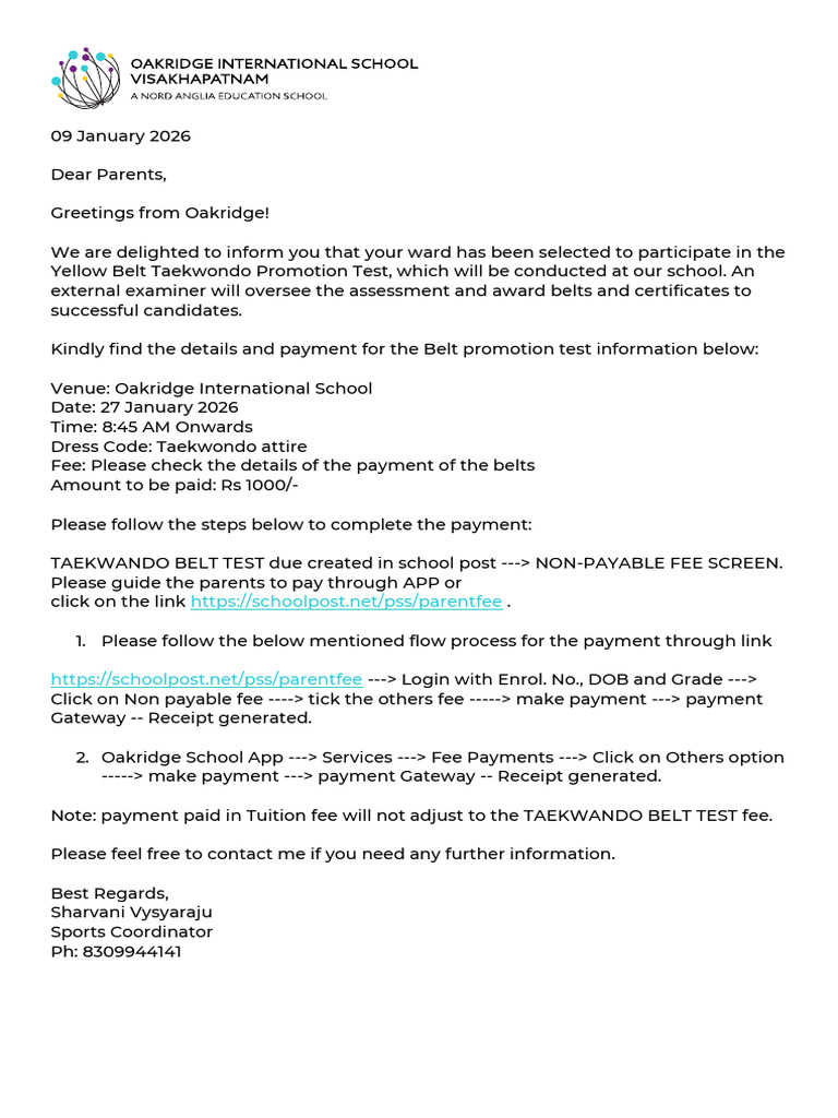 Teakwondo Belt Test Letter-2025-26 Yellow | PDF