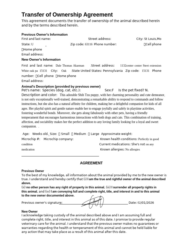 Ownership Document | PDF | Human–Animal Interaction | Dogs