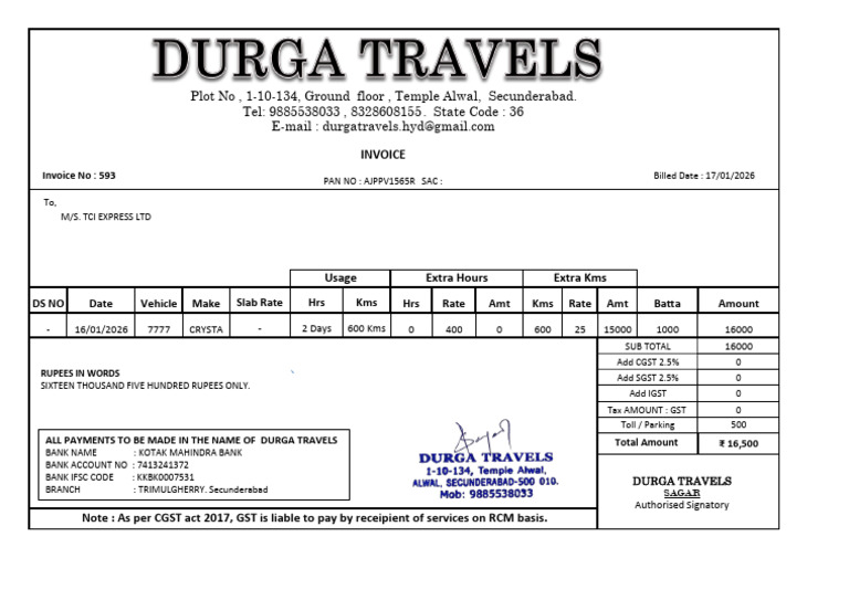Tci Express LTD Invoice 593 | PDF | Government Of India | Public ...