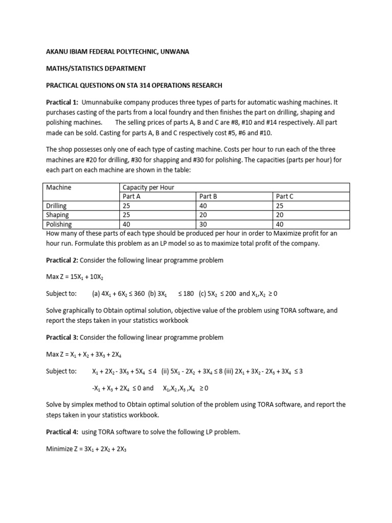PRACTICAL QUESTIONS ON STA 314 OPERATIONAL RESEARCH 2025 | PDF | Linear ...