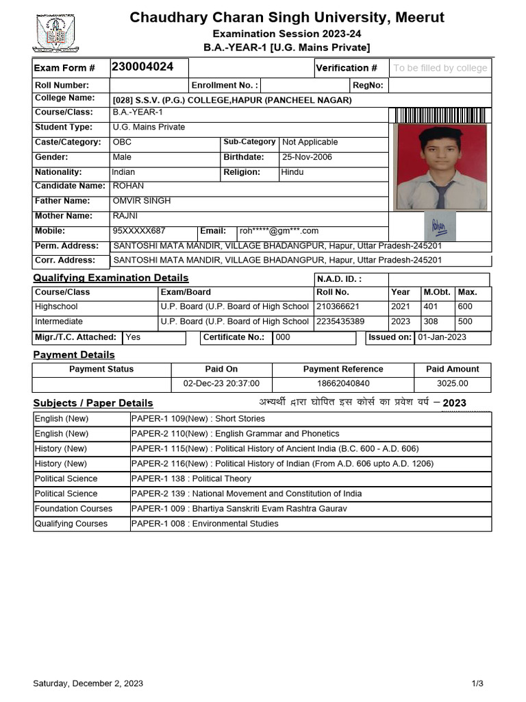 ((B.A.)) 1st year form 0004024 | PDF | Qualifications