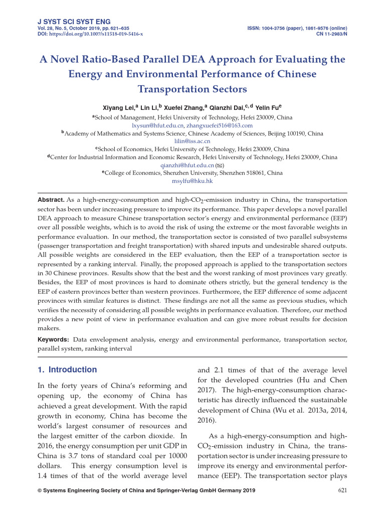 A Novel Ratio-Based Parallel DEA Approach For Evaluating The Energy and ...
