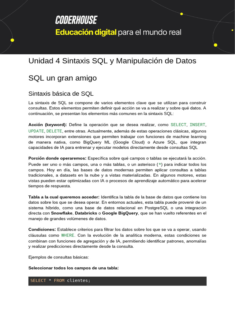 Unidad 4 - Material de Apoyo - Descargable | PDF | SQL | Bases de datos