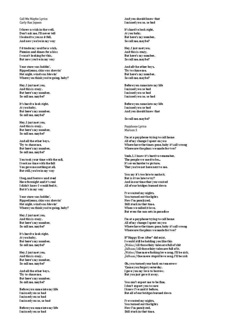 Call Me Maybe Lyrics Pdf Leisure Entertainment General