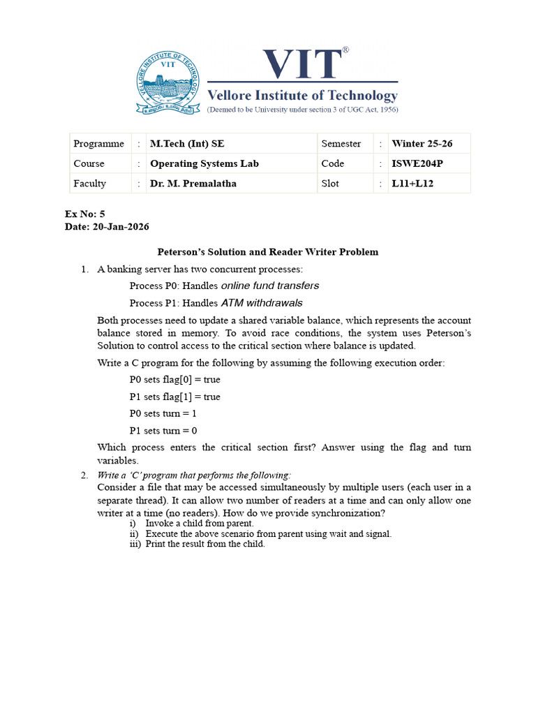 Ex No 5 - Petersons - Reader Writers | PDF