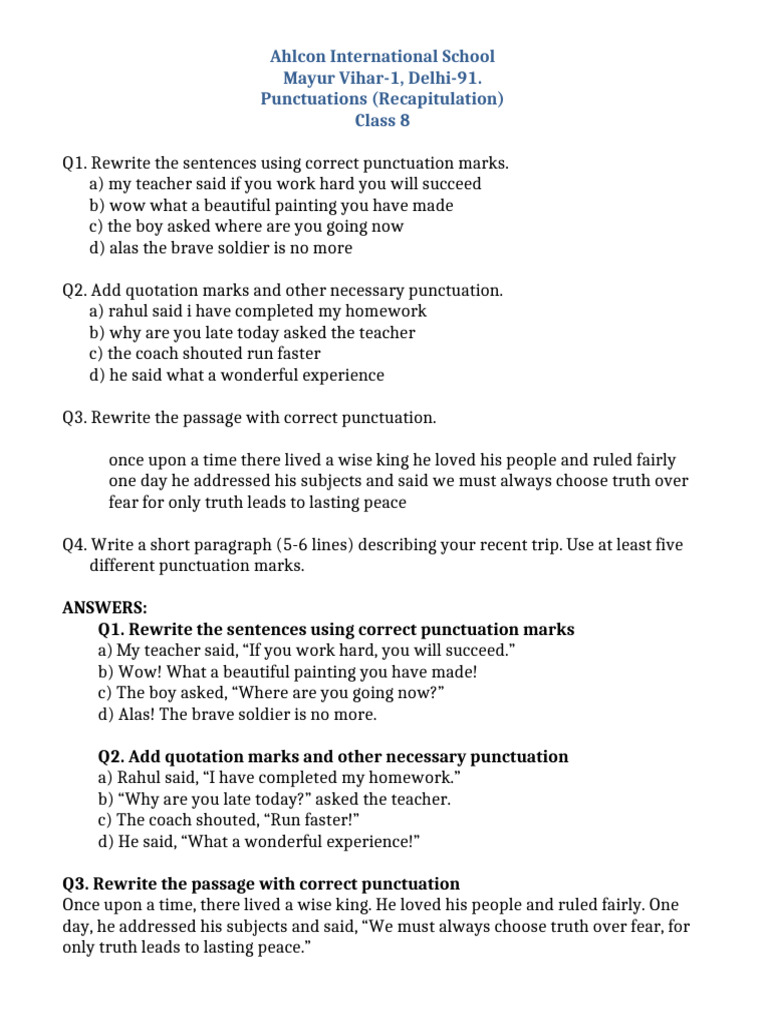 Advanced Punctuation Worksheet Class 8 | PDF