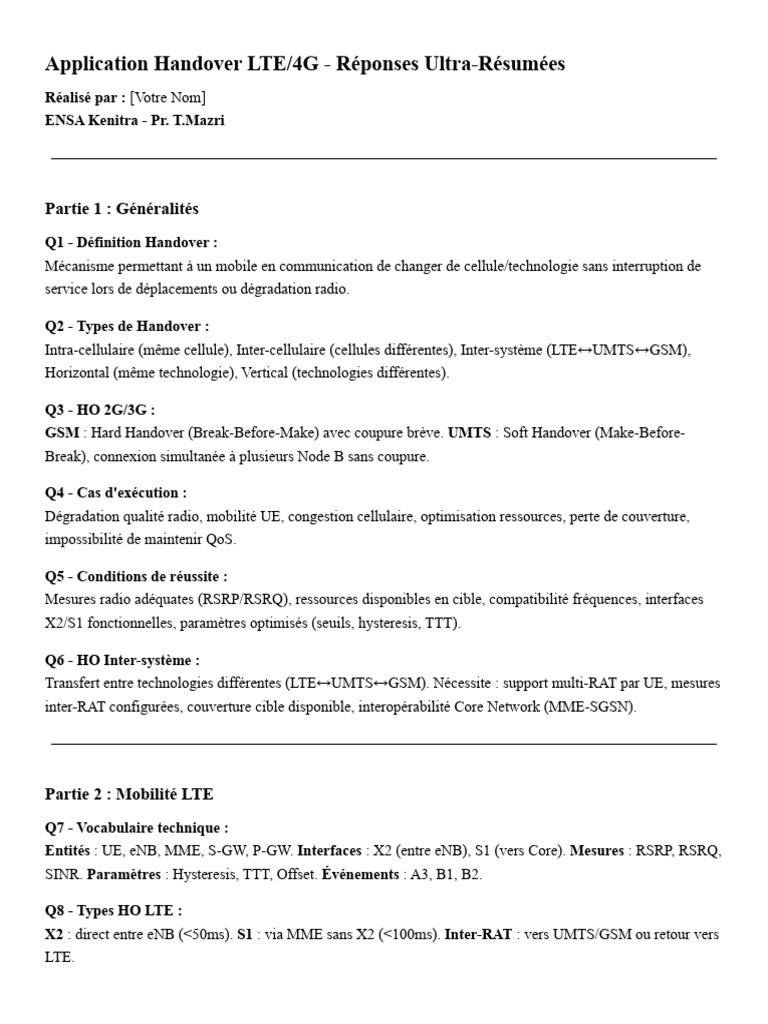 Réponses - Application Handover LTE - 4G | PDF | LTE (Télécommunication ...
